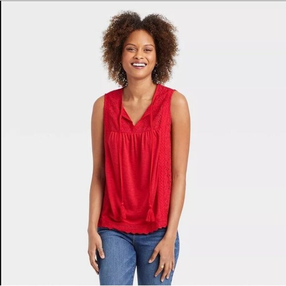 Knox Rose Tops - NWT Knox Rose Floral Eyelet Embroidered Top Tassel Tie Rib Knit Rebel Red